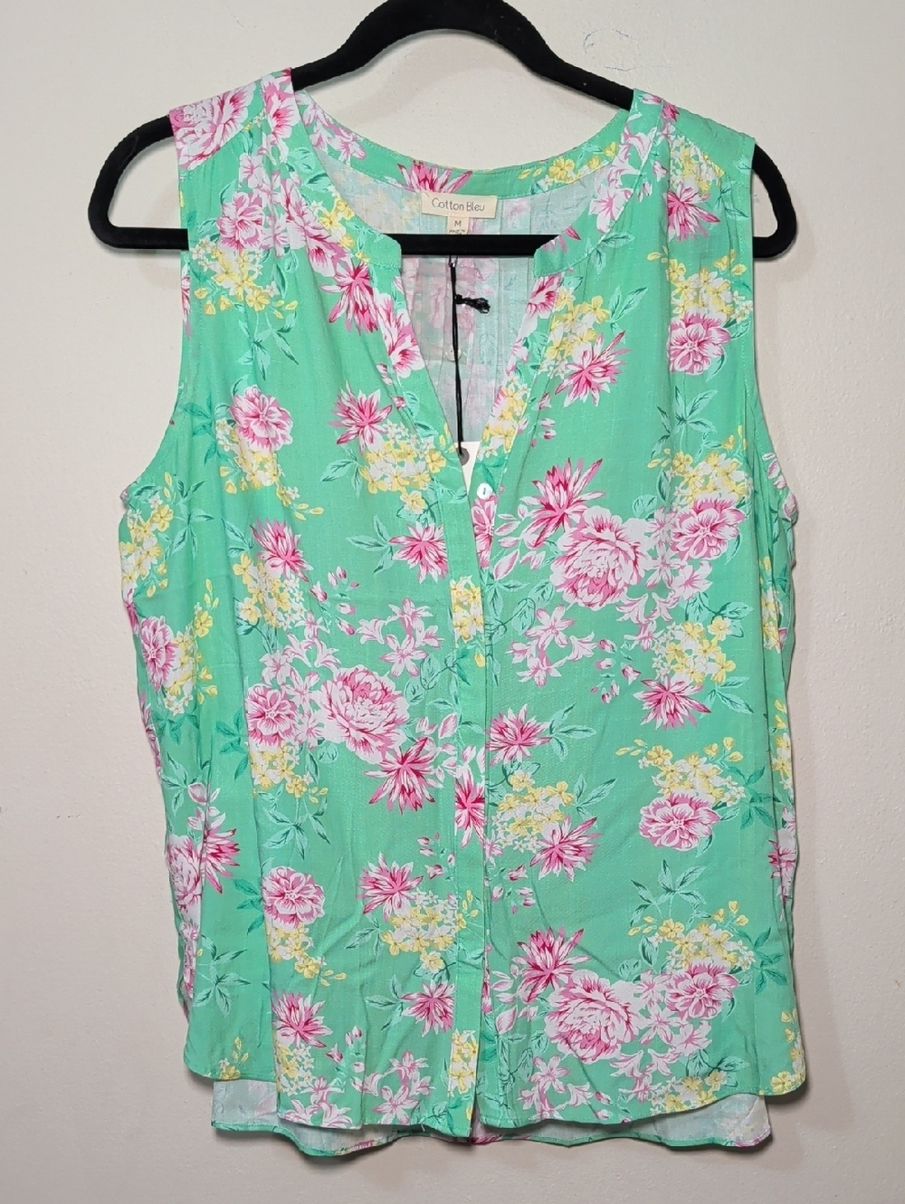 Cotton Bleu Mint Green Floral Sleeveless Blouse Yellow Pink Rayon Women's Size M